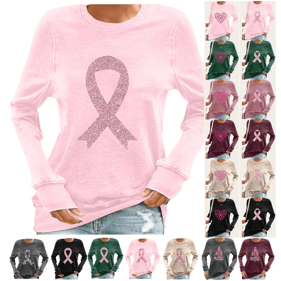 yoeyez Vintage Breast Cancer Shirts Women Long Sleeve Crewneck Sweatshirt Cancer Survivor Pink Ribbon Pullover Tops Cancer Fight Awareness Shirt Black,S