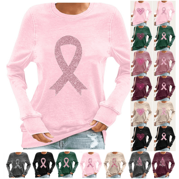 yoeyez Vintage Breast Cancer Shirts Women Long Sleeve Crewneck Sweatshirt Cancer Survivor Pink Ribbon Pullover Tops Cancer Fight Awareness Shirt Gray,L