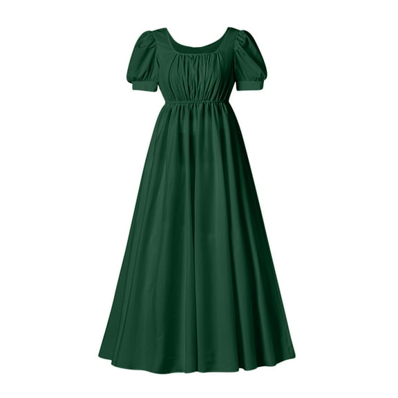 yoeyez Vintage Regency Dresses for Women with Satin Sash Short Puff Sleeve Empire Waist Dress Ruffled Victorian Tea Ball Gown Costume Army Green,L