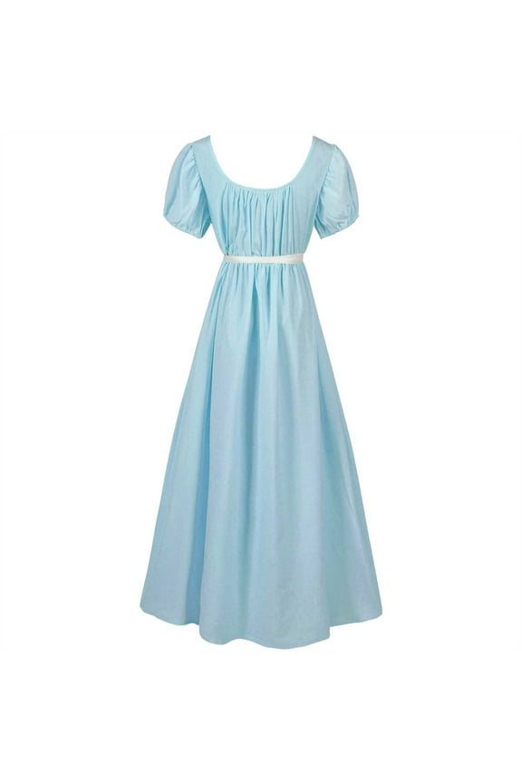 Vintage Regency Dresses for Women with Satin Sash Short Puff Sleeve Empire Waist Dress Ruffled Victorian Tea Ball Gown Costume Blue,S