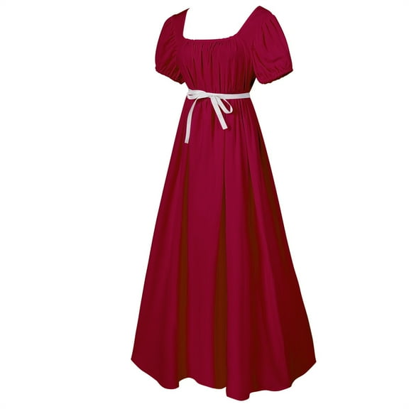 yoeyez Vintage Regency Dresses for Women with Satin Sash Short Puff Sleeve Empire Waist Dress Ruffled Victorian Tea Ball Gown Costume Red,XL