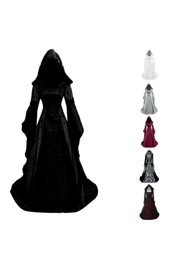 Wedding Guest Dresses for Women Halloween Costumes for Women Long Sleeve Hooded Dress Floor Length Medieval Dresses Renaissance Solid Witch Dress Vestidos Largos Elegantes de Mujer para Fiesta