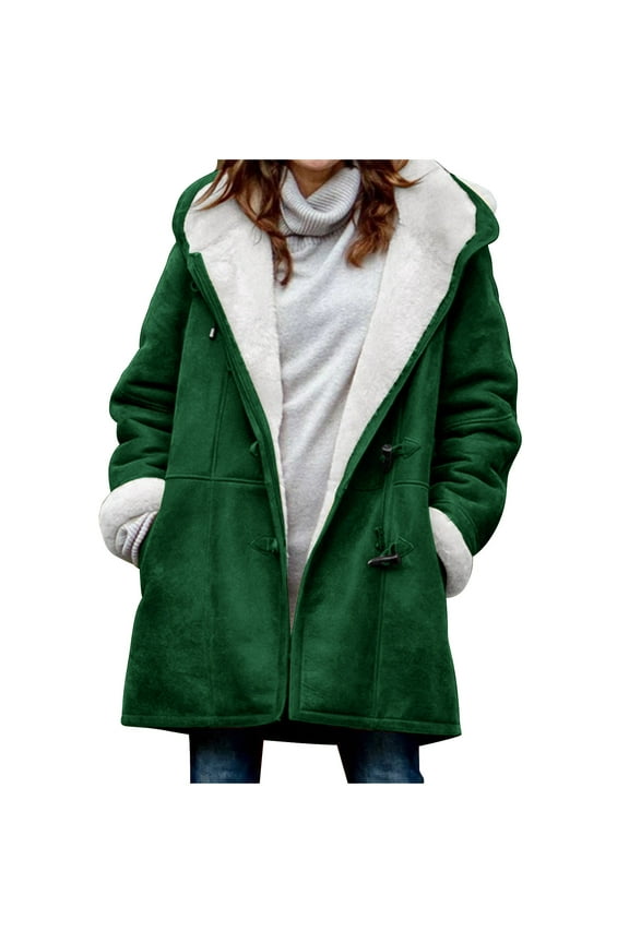 Winter Coats Womens Sherpa Lined Jackets Fashion Mid Length Horn Buttons Fleece Hoodie Jacket Casual Soft Cozy Parka Coat with Pockets