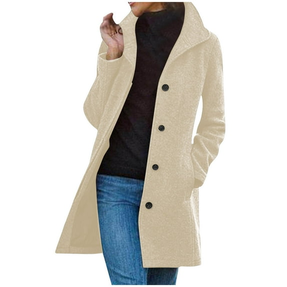 yoeyez Winter Coats for Women Casual Thicken Wool Blend Stand Collar Jackets Single Breasted Pea Coat Mid Long Outwear Jacket with Pockets Beige XXL
