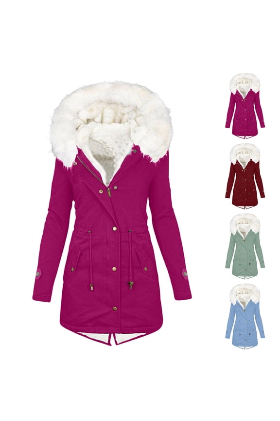 Winter Coats for Women Plus Size Thick Jackets with Fur Hood Fleece Lined Military Jacket Women Faux Fur Puffer Down Jacket Outerwear Wine,M