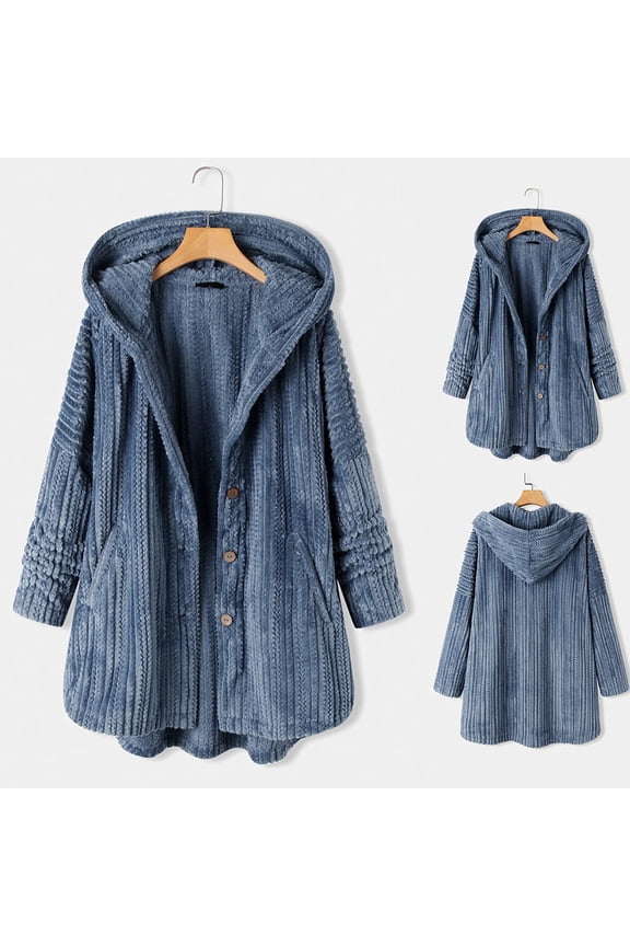 Winter Coats for Women Plus Size Women Plus Size Solid Color Long Sleeve Hooded Button Pocket Fleece Coat Chaqueta Sherpa Mujer Jersey