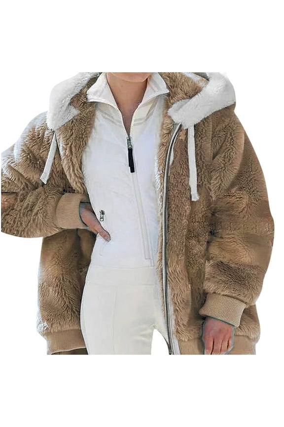 Winter Coats for Womens Fleece Sherpa Hooded Jackets Oversized Color Block Patchwork Hoodies Zip Up Jacket Warm Outwear with Pockets