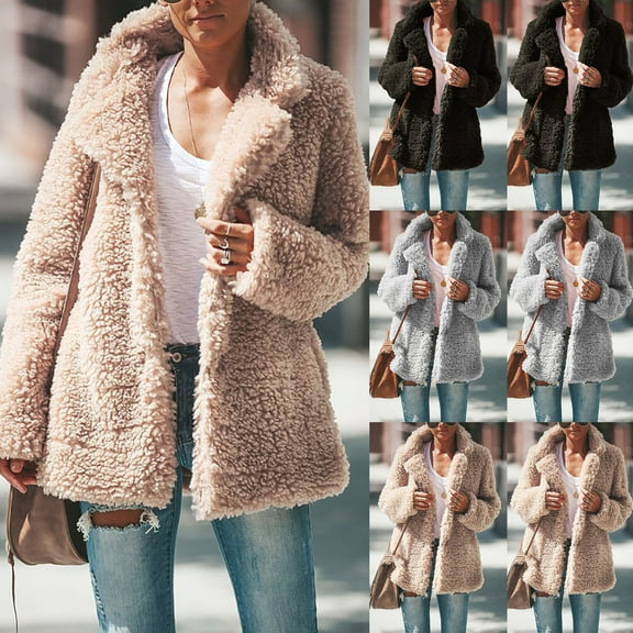 yoeyez Winter Cute Teddy Coats for Women Long Sleeve Fluffy Jacket Heavy Sherpa Fleece Lapel Outwear Warm Fashion Open Front Overcoat Prime and Day Green,L