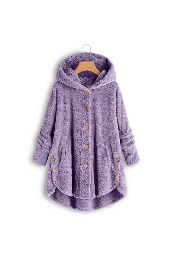 Winter Jackets Women Plus Size Fuzzy Fleece Warm Jacket Fluffy Sherpa Teddy Buttons Up Hoodies Casual Fashion Long Sleeve Hooded Coats Outwear Purple,S