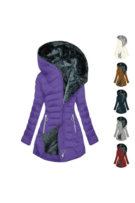 Winter Jackets for Women Plus Size Long Puffer Jacket Full Zip Up Hooded Fleece Coat Thicken Warm Parka Outerwear with Pockets Navy,XXL