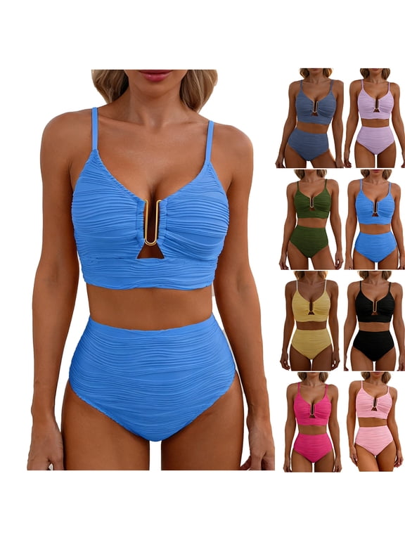Women 2 Piece Bikini Set U-Wire Cutout Popular Swimsuit High Waisted Textured 2026 Summer Beach Swim Bathing Suits Dark Blue,XS