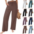 thumbnail image 1 of yoeyez Women Cotton Linen Beach Pants Straight Leg Lounge Pant Comfy Lightweight Drawstring Slack Summer Casual Trousers with Pockets Coffee,L, 1 of 7