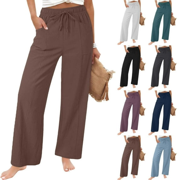 yoeyez Women Cotton Linen Beach Pants Straight Leg Lounge Pant Comfy Lightweight Drawstring Slack Summer Casual Trousers with Pockets Coffee,L