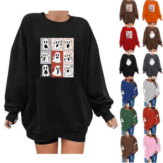 yoeyez Women Crewneck Sweatshirts Vintage Halloween Ghost Sweatshirts Oversized Fall Fashion Drop Shoulder Pullover Tops Going out Clothes Orange,XXL