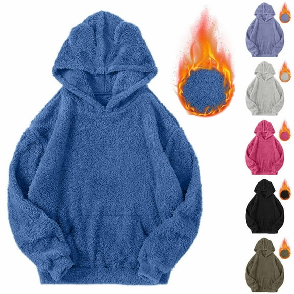 yoeyez Women Fleece Hoodie Teen Girls Cute Bear Ears Hooded Sweatshirts Long Sleeve Warm Plush Teddy Pullover Tops with Kangaroo Pockets Black,XXL