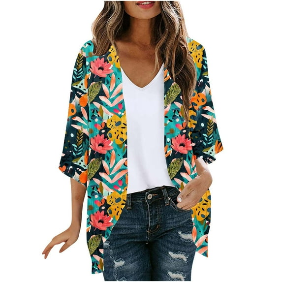 yoeyez Women Kimono Cardigans,Women's Floral Printed Puff Sleeve Tops Cover Up Summer Casual Loose Fit Blouses Loose Fit Multicolor,2XL