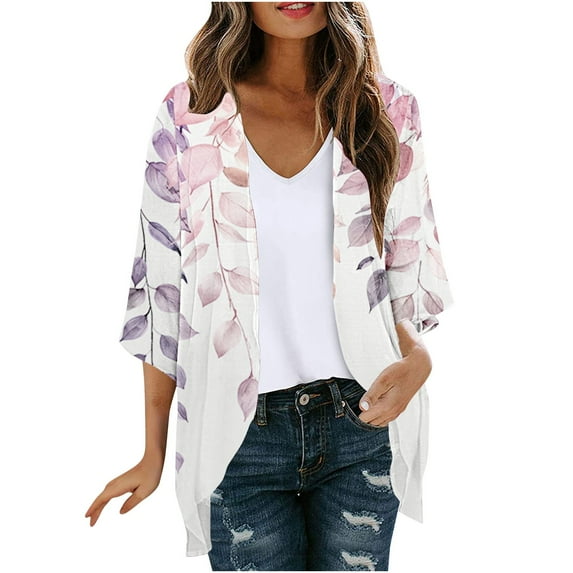 yoeyez Women Kimono Cardigans,Women's Floral Printed Puff Sleeve Tops Cover Up Summer Casual Loose Fit Blouses Loose Fit Multicolor,XL