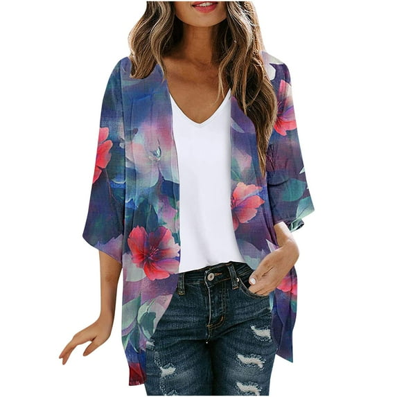 yoeyez Women Lightweight Chiffon Kimono Cardigan Women Boho Floral Printed Half Sleeve Shawl Chiffon Cardigan Casual Beach Cover Ups Black,2XL