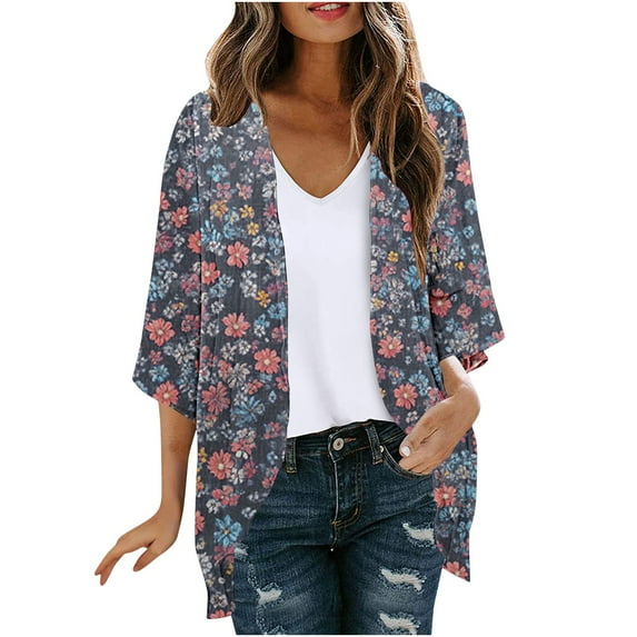 yoeyez Women Lightweight Chiffon Kimono Cardigan Women Boho Floral Printed Half Sleeve Shawl Chiffon Cardigan Casual Beach Cover Ups Blue,XL