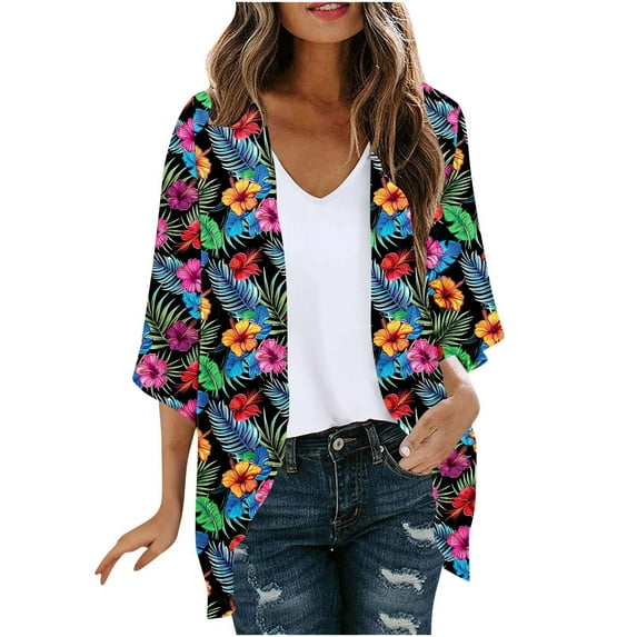yoeyez Women Lightweight Chiffon Kimono Cardigan Women Boho Floral Printed Half Sleeve Shawl Chiffon Cardigan Casual Beach Cover Ups Multicolor,L