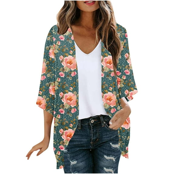 yoeyez Women Lightweight Chiffon Kimono Cardigan Women Boho Floral Printed Half Sleeve Shawl Chiffon Cardigan Casual Beach Cover Ups Multicolor,L
