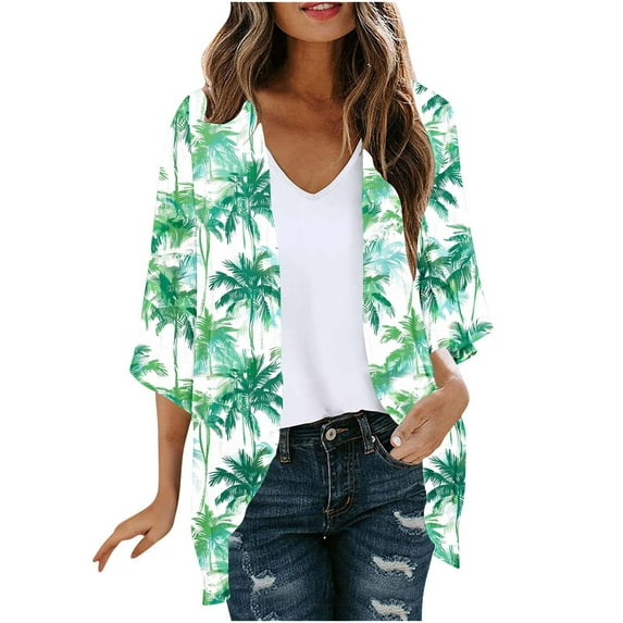 yoeyez Women Lightweight Chiffon Kimono Cardigan Women Boho Floral Printed Half Sleeve Shawl Chiffon Cardigan Casual Beach Cover Ups Multicolor,L