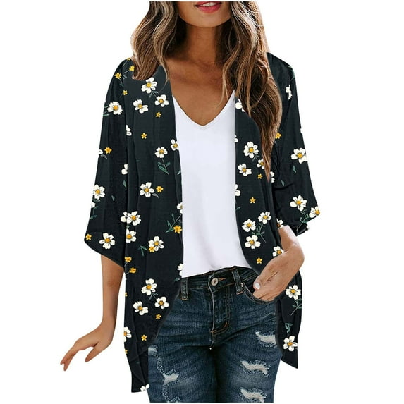 yoeyez Women Lightweight Chiffon Kimono Cardigan Women Boho Floral Printed Half Sleeve Shawl Chiffon Cardigan Casual Beach Cover Ups Multicolor,S