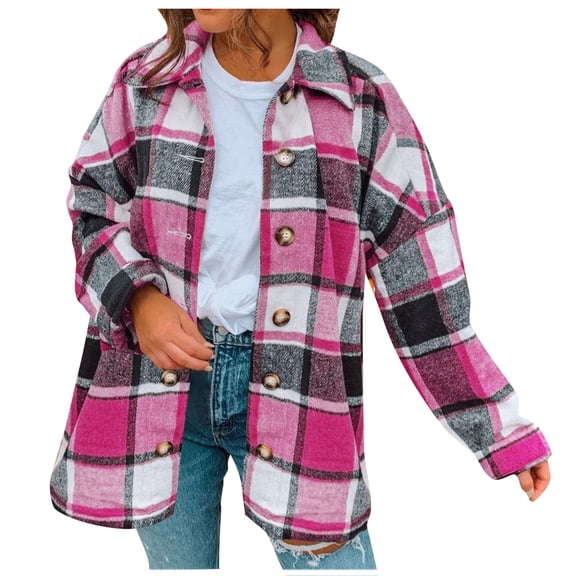 yoeyez Women Loose Casual Plaid Jacket Coat Fall All Match Fashion Tartan Overshirt Trench Coat Boyfriend Button Down Tops
