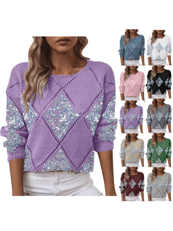 Women Sequin Knit Sweater Fashion Diamond Pattern Crochet Tops Long Sleeved Round Neck Jumper Top Lightweight Cozy Spring Clothes