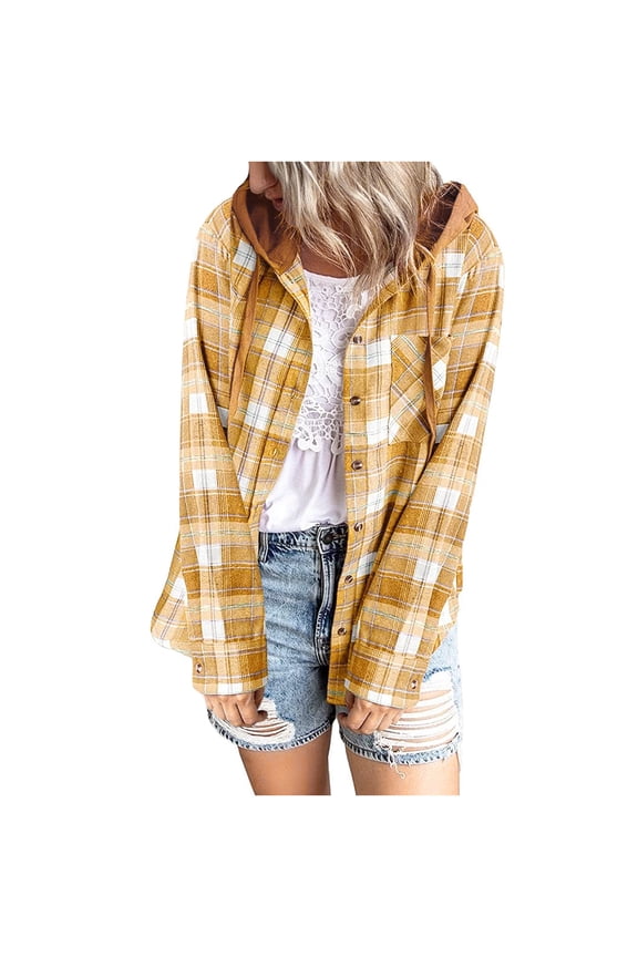 Women Shacket Jacket Trendy Long Sleeve Plaid Shirts Flannel Button Down Outerwear Tartan Trench Coats with Hooded