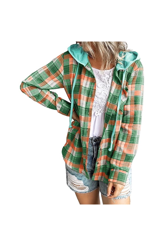 Women Shacket Jacket Trendy Long Sleeve Plaid Shirts Flannel Button Down Outerwear Tartan Trench Coats with Hooded