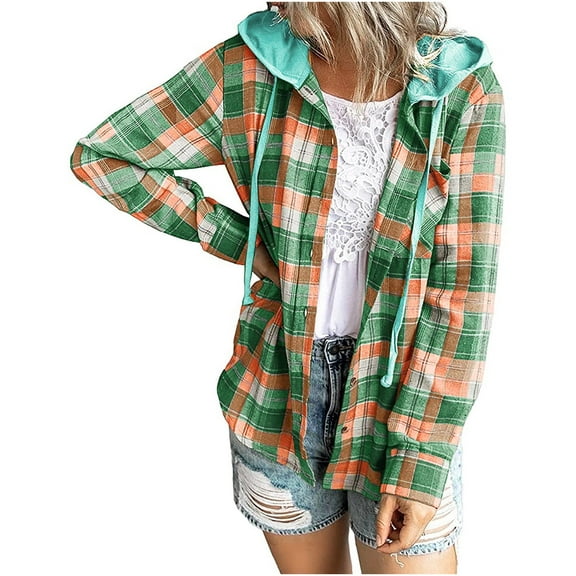 yoeyez Women Shacket Jacket Trendy Long Sleeve Plaid Shirts Flannel Button Down Outerwear Tartan Trench Coats with Hooded