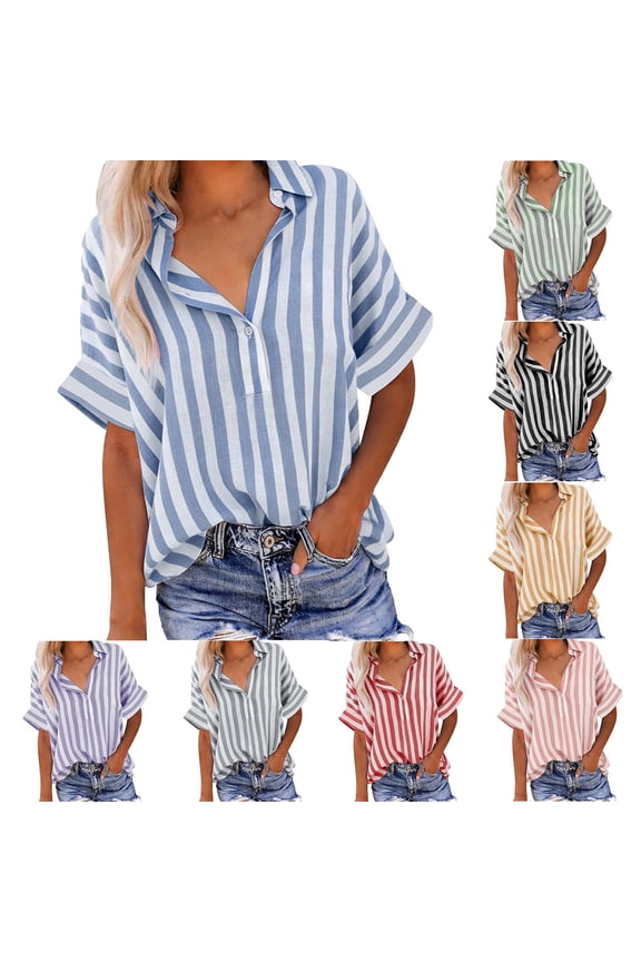 Women Striped Button Down Shirts Linen-Like Laple Collar Henley Blouses Short Sleeve Tunic Tops Casual Loose Vacation T-Shirts Green,XL