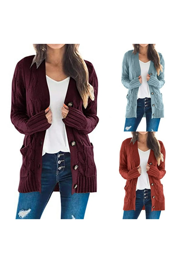 Women's Cable Knit CardiganFall Casual Thin Long Sleeve Knitwear Loose Button Down Open Front Cardigan Sweater Coat Wine,M
