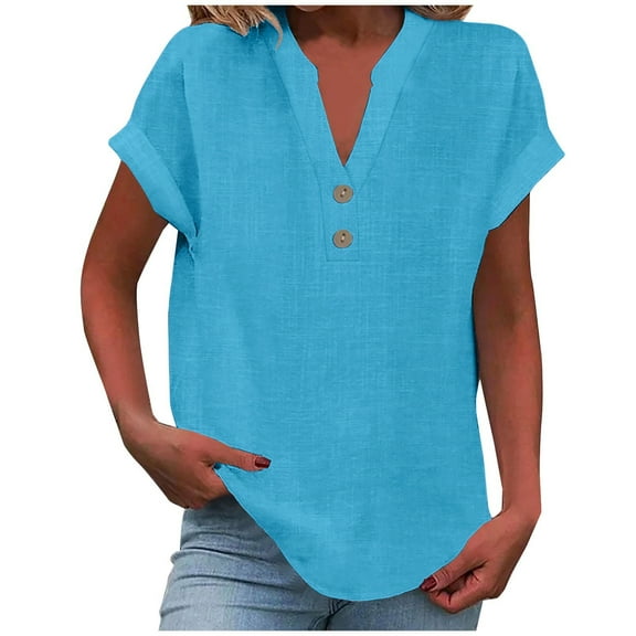 yoeyez Women's Cotton Linen Shirts,Womens Short Sleeve T-Shirts V Neck Buttons Pullover Blouse Loose Casual Tunic Tops Work Shirts Blue XL
