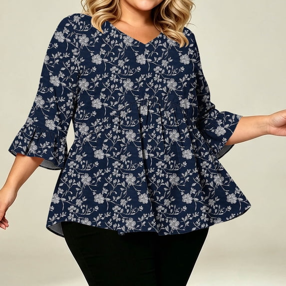 yoeyez Women's Floral Print 3/4 Sleeve V Neck Tops Blouses Casual Everyday Look for Daily Seasonal Outfits Dark Blue XXL
