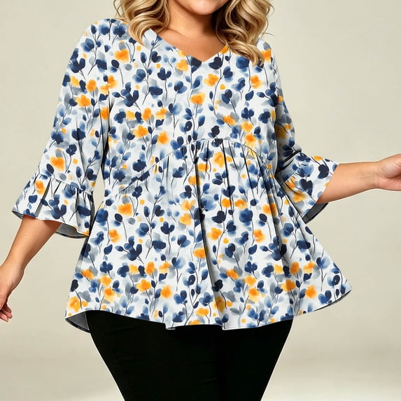 yoeyez Women's Floral Print 3/4 Sleeve V Neck Tops Blouses Casual Fashion Wear for Fall Weekend Outfits Navy XXXXL