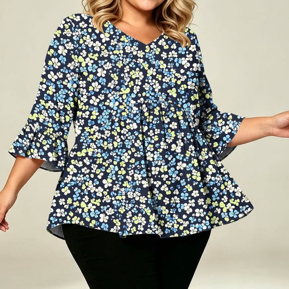 yoeyez Women's Floral Print 3/4 Sleeve V Neck Tops Blouses Dressy Casual Everyday Style for Seasonal Outfits Blue L
