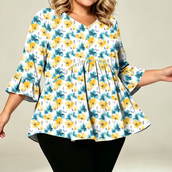 yoeyez Women's Floral Print 3/4 Sleeve V Neck Tops Blouses Dressy Casual Style for Weekend Fall Outfits Yellow XL