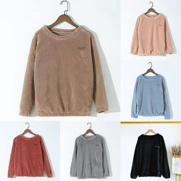 yoeyez Women's Fuzzy Tops Long Sleeve Fleece Flannel Pajama Top Winter Warm Thick Sleeping Pullover Embroidered Sleepwear Blue,M