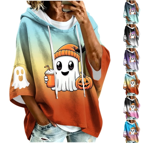 yoeyez Women's Ghost Graphic Print Hooded Tops Blouses Shirts Dressy ...