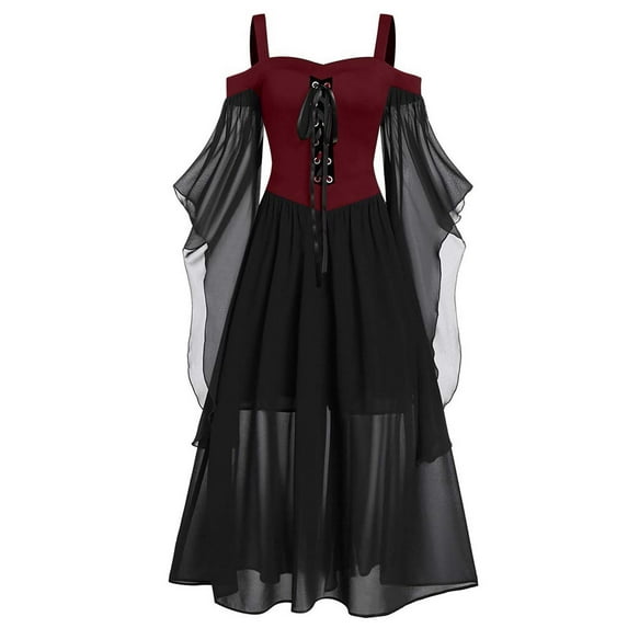 yoeyez Women's Gothic Witch Dress Cold Shoulder Butterfly Sleeve Irregular Dress Wedding Guest Medieval Vampire Costume Plus Size Cosplay Party Dress Wine,4XL