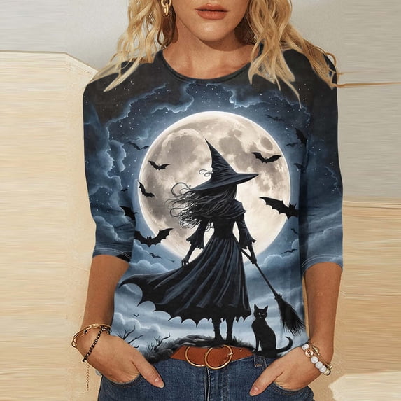 yoeyez Women's Moon Graphic Print 3/4 Sleeve Crew Neck Tops Blouses Shirts Dressy Casual Style for Everyday Fall Outfits Multicolor M