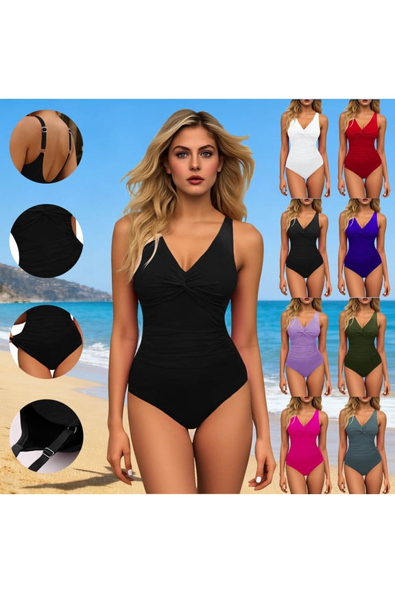 Women's One Piece Bikini Swimsuits Ruched Tummy Control High Cut Bathing Suits Adjustable Straps Backless V Neck Bikini Set Swimwear Black,S