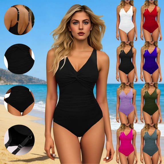 yoeyez Women's One Piece Bikini Swimsuits Ruched Tummy Control High Cut Bathing Suits Adjustable Straps Backless V Neck Bikini Set Swimwear Navy,S