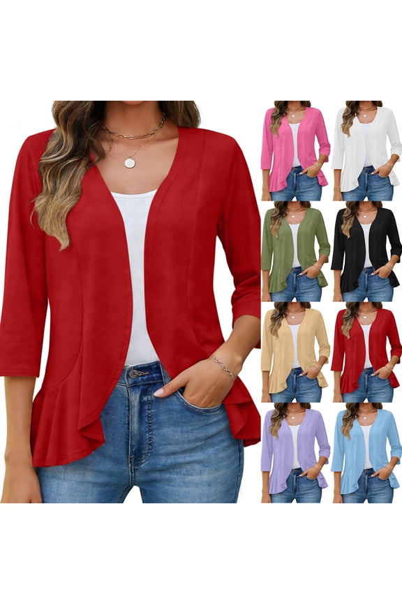 Women's Open Front Cardigan Ruffled Hem 3/4 Sleeve Knit Shrug Lightweight Casual Layering Jacket for Ladies Cardigans Khaki,S