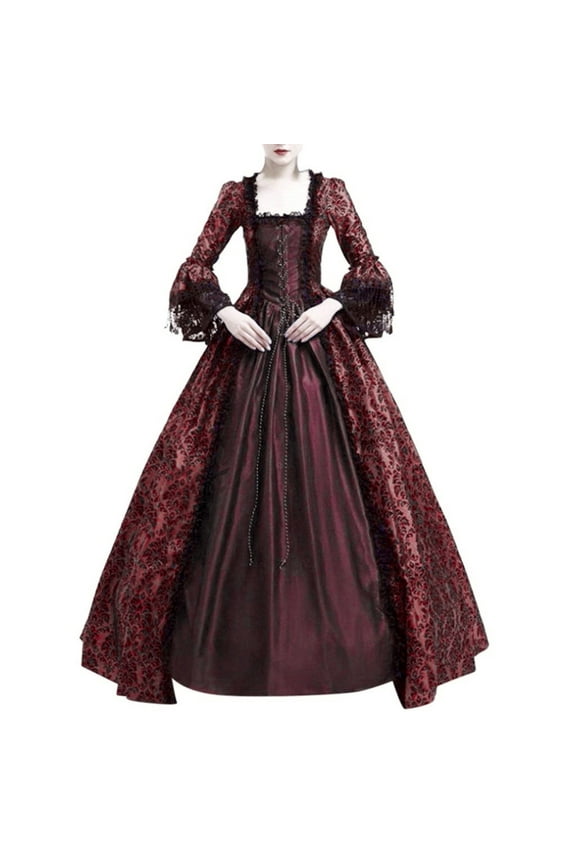 Women's Plus Size Victorian Ball Gown Trendy Floor Length Long Sleeve Bandage Dresses Vintage Gothic Steampunk Dress Masquerade Dress Party Costumes Wine,XL