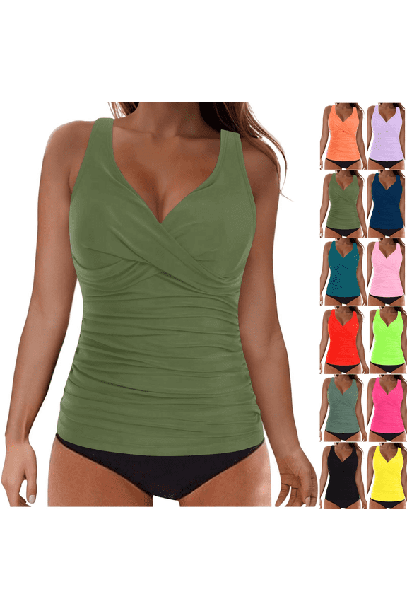 Women's Ruched Tankini Swimsuits Two Piece Modest Swim Suits Twist V Neck Wrap Swim Tops with Bottom Shorts Tummy Control Bathing Suits Swimwear,Navy,L