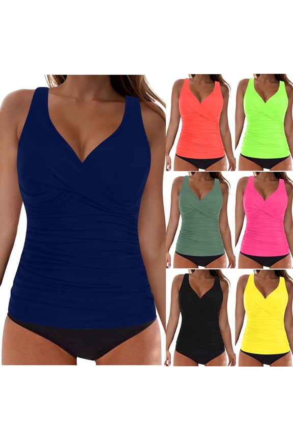 Women's Ruched Tankini Swimsuits Two Piece Modest Swim Suits Twist V Neck Wrap Swim Tops with Bottom Shorts Tummy Control Bathing Suits Swimwear,Orange,M