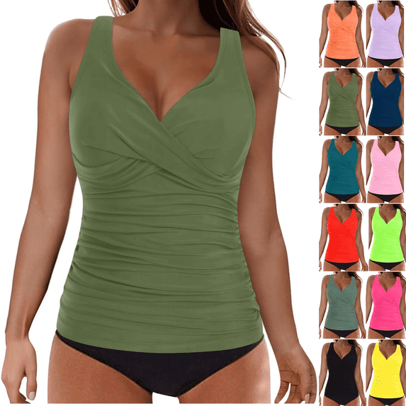 yoeyez Women's Ruched Tankini Swimsuits Two Piece Modest Swim Suits Twist V Neck Wrap Swim Tops with Bottom Shorts Tummy Control Bathing Suits Swimwear,Pink,XL